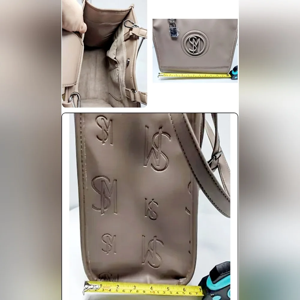 Taupe Structured Tote Bag with Monogram Accent